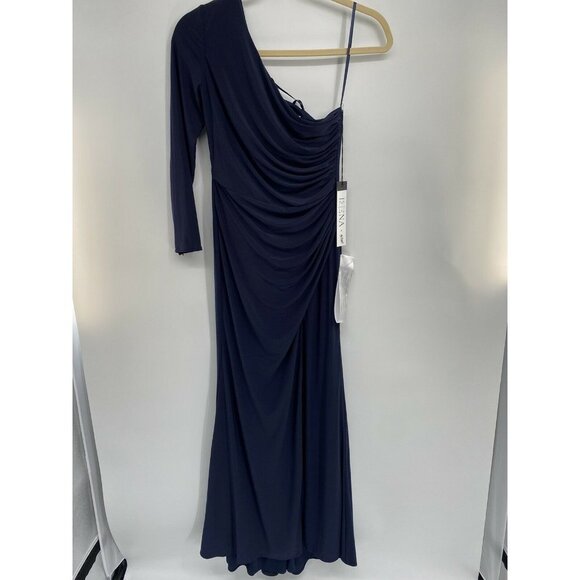 Ieena Mac Duggal One Shoulder LongSleeve Jersey Gown SZ 10 Midnight SPLIT NWT - Picture 2 of 6